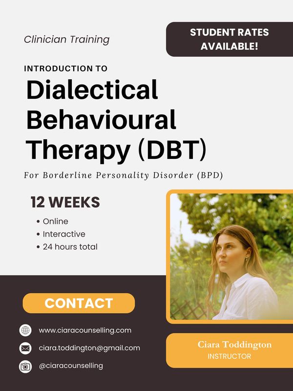 Advertisement for DBT clinician training with student rates available.