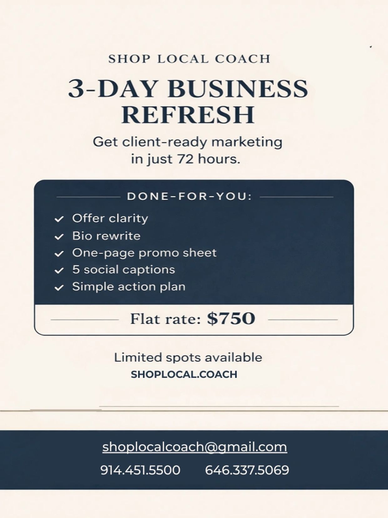 3-day business refresh offering marketing help for $750 by Shop Local Coach.