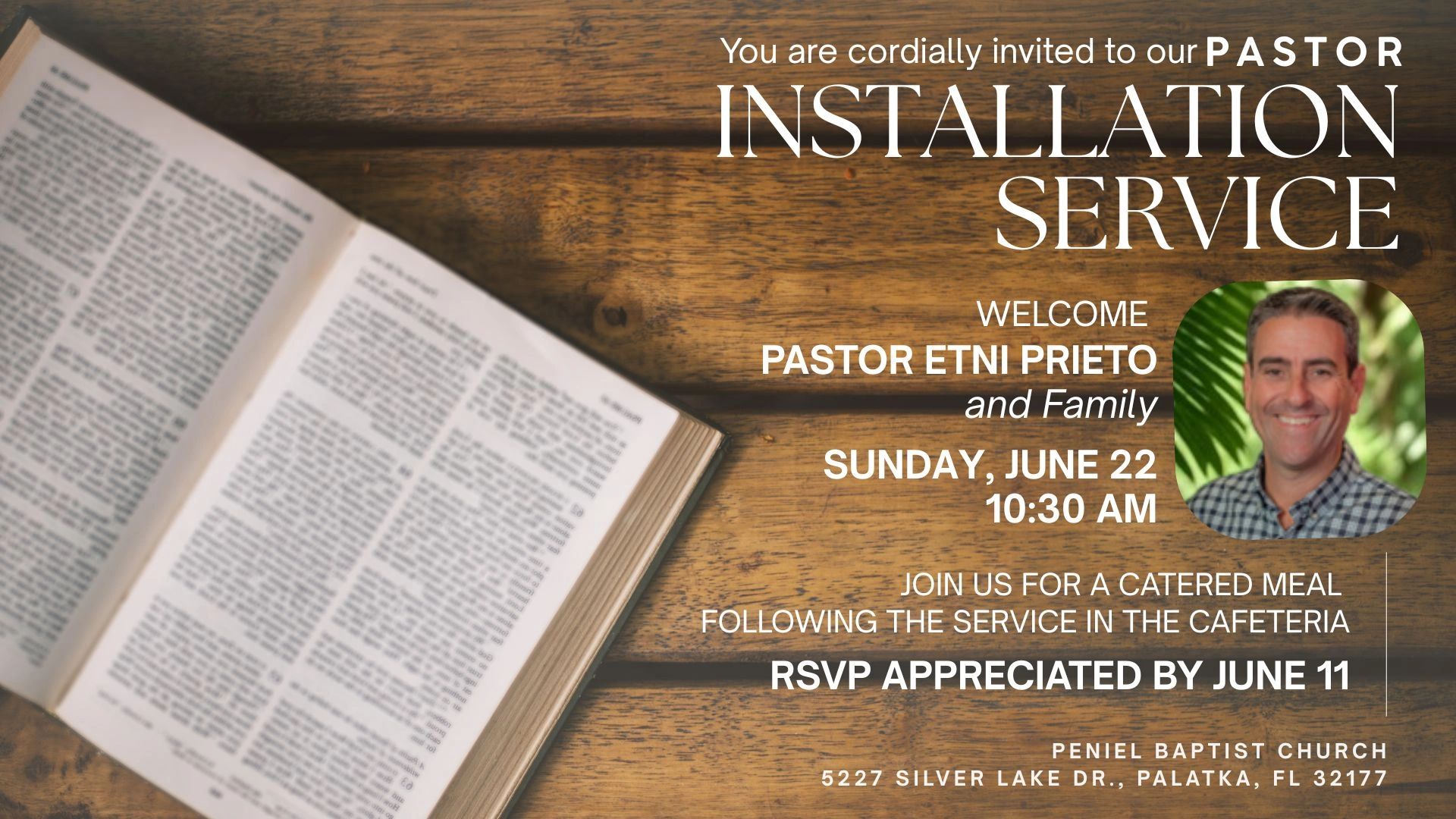 Invitation to Pastor Etni Prieto's installation service with catered meal.