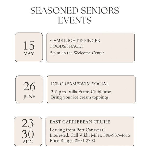 Schedule of events for seasoned seniors including game night, ice cream social, and Caribbean cruise.