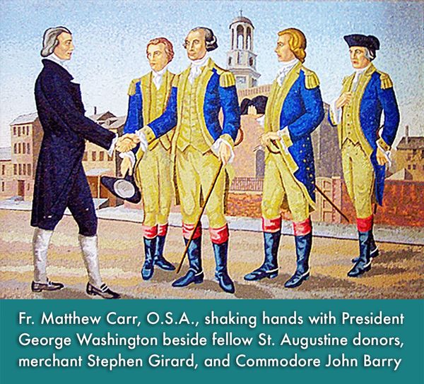 Fr. Matthew Carr, O.S.A. shaking hands with President George Washington