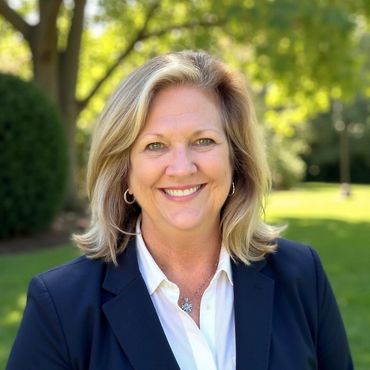 Smiling woman in a navy blazer outdoors in sunlight.