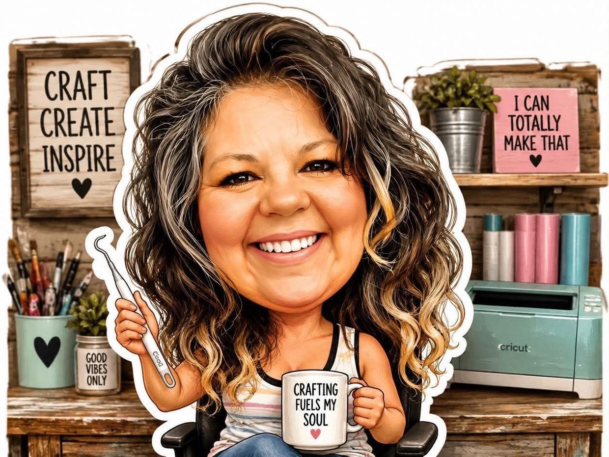Caricature of a smiling woman holding a crafting tool and mug.