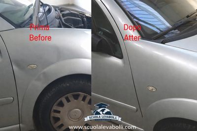 Riparazione ammaccatura prima e dopo durante corso levabolli a Torino con tecnica PDR
