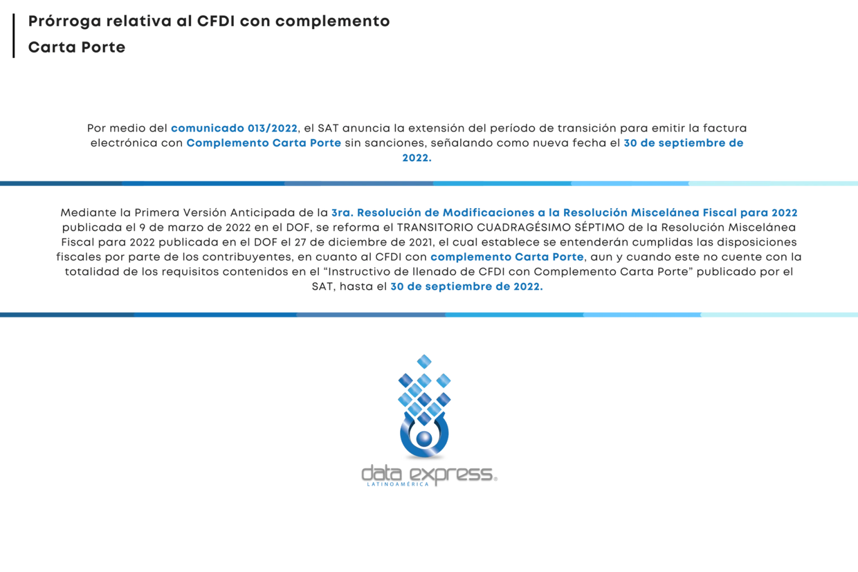 PRORROGA RELATIVA CFDI CON COMPLEMENTO CARTA PORTE