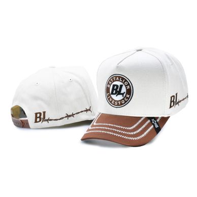 White and brown baseball caps with 'Battalion Livestock' logo and barbed wire design.