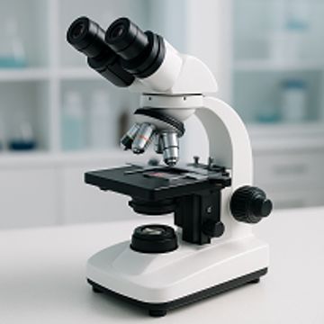 A modern white microscope on a lab table.