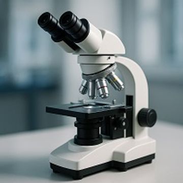 A modern compound microscope on a lab table.
