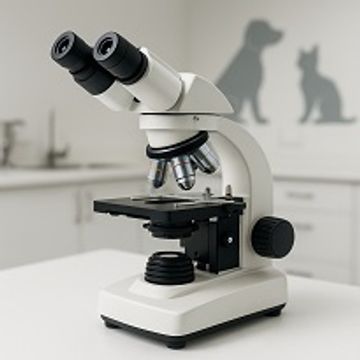 A white compound microscope on a lab table with cat shadows on the wall.
