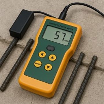 Digital moisture meter showing 57% moisture with probes.