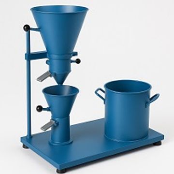 Blue laboratory funnel setup with multiple containers on a stand.