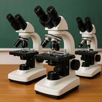 Three compound microscopes aligned on a wooden table with a green chalkboard background.