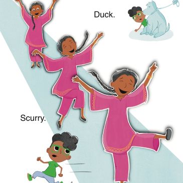 A girl in pink joyfully dancing and a boy in green running, with a dog and the words 'Duck' and 'Scurry'.
