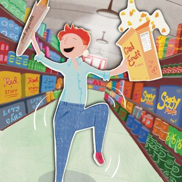 A joyful person dancing in a colorful grocery aisle holding a cereal box.