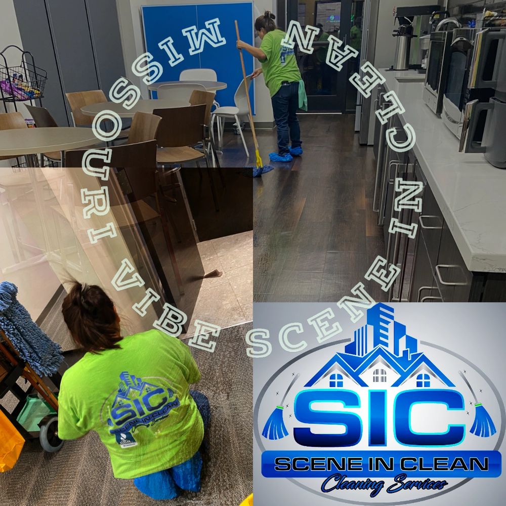 Cleaning professionals in green shirts working indoors with Scene In Clean logo.