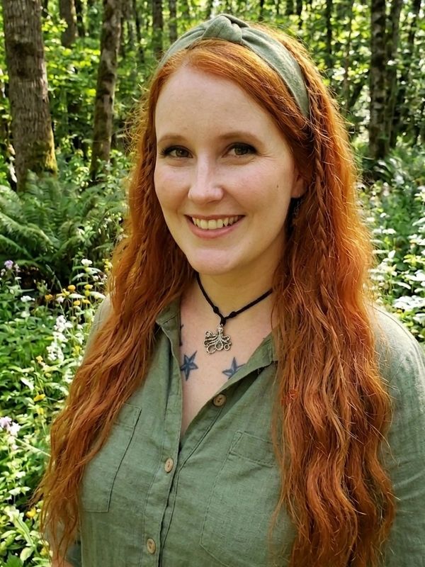 Smiling woman with long red hair in a green shirt, standing in a lush forest.