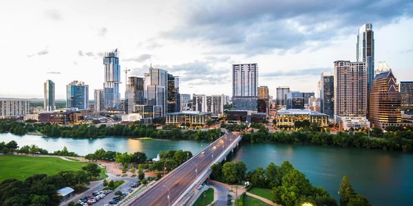 Aerial photo of Congress Bridge with Austin Skyline