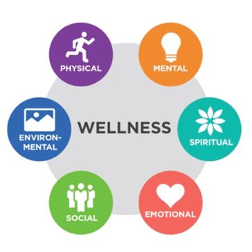 Diagram showing six interconnected wellness dimensions with icons and labels.