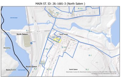 Map showing Main Street area in North Salem with zoning boundaries and landmarks.