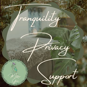 Background image of Mother Gaia massage bed, the words Tranquility, Privacy and Support