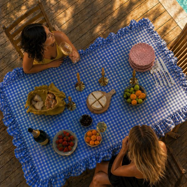 Two women enjoying a picnic with fruit, cheese, and wine on a blue checkered tablecloth.