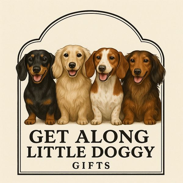 Four happy dachshunds with the text 'GET ALONG LITTLE DOGGY GIFTS'.