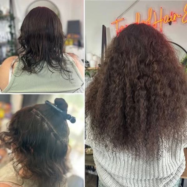 Seamless custom curly flat weft hair extension transformation in Coffs Harbour NSW