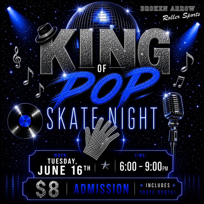 King of Pop Skate Night event with music and skating on June 16th.
