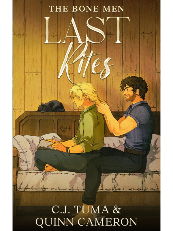 Last Rites book cover, featuring two men sitting on a couch, with one braiding the other's hair.