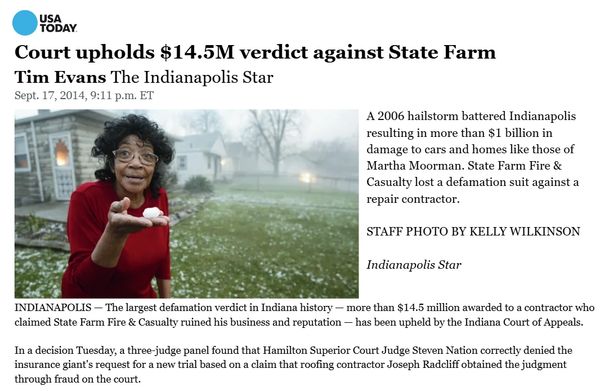 USA Today: Court upholds $14.5M verdict against State Farm