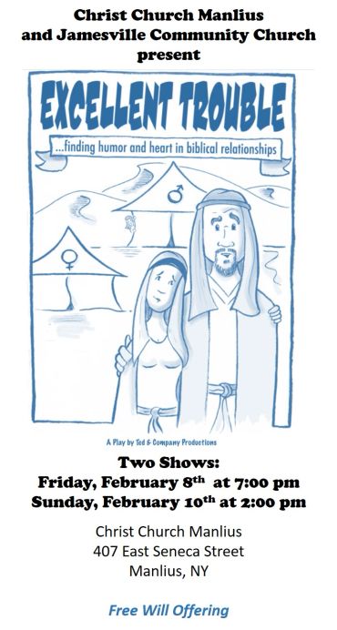 Poster for the play 'Excellent Trouble' about biblical relationships, showing two characters and event details.