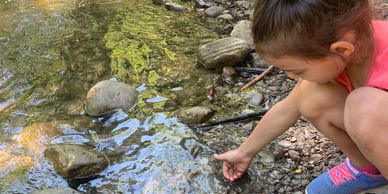 Child bent down by a creek with one hand in the water staring at something close to her hand.