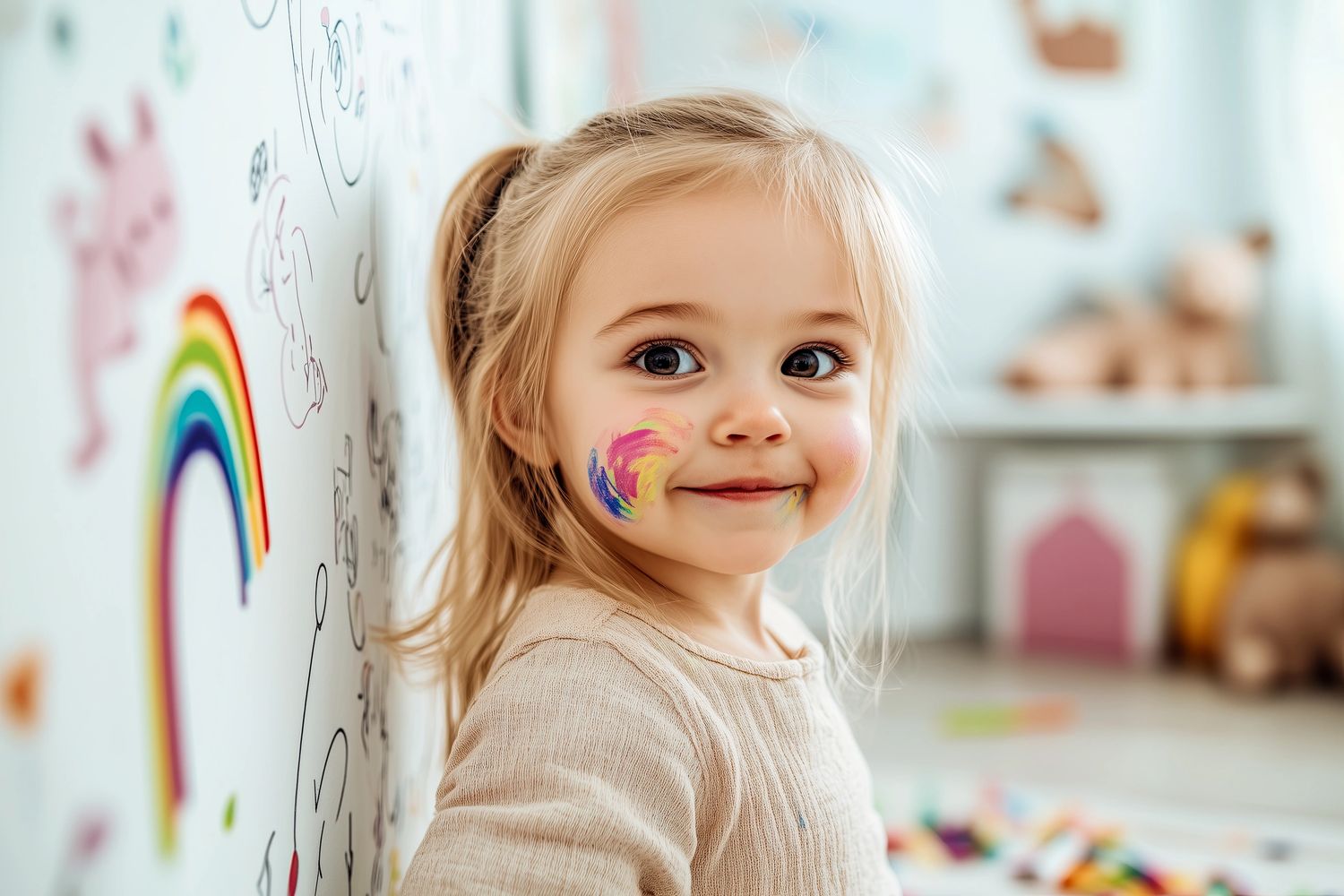 Smiling toddler with colorful face paint standing by a wall with drawings.