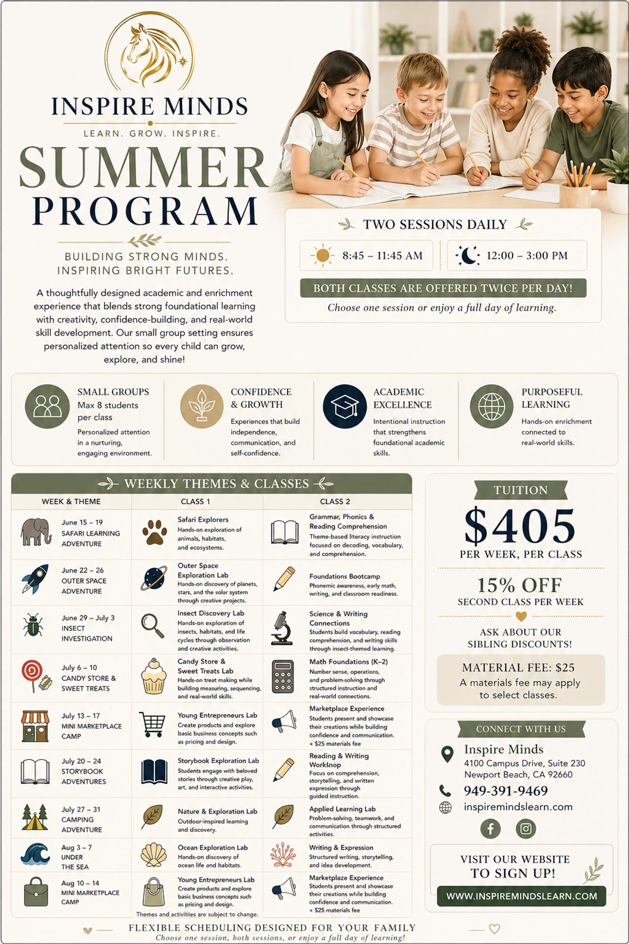Inspire Minds Summer Program offers creative academic enrichment with small groups and flexible scheduling.