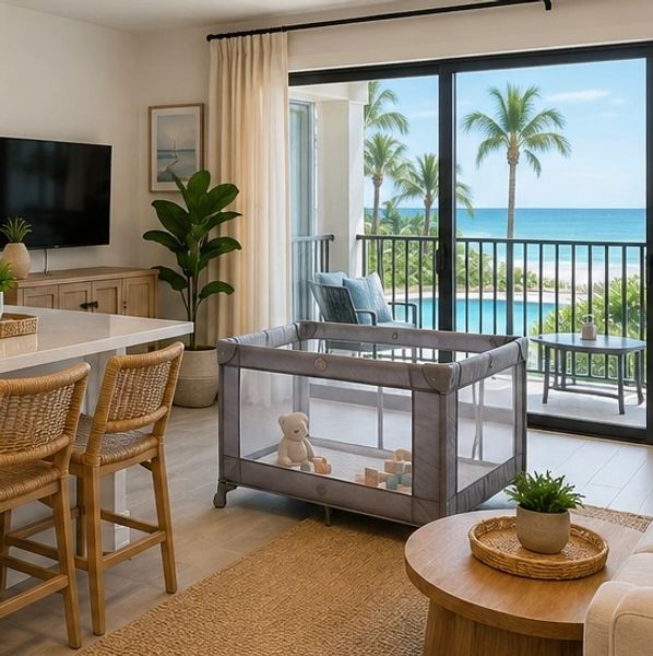 Cozy living room with baby playpen and ocean view balcony.
