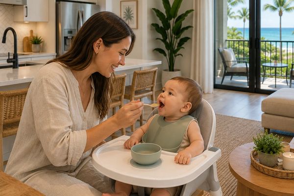 Mother feeding baby in a high chair inside a cozy home.