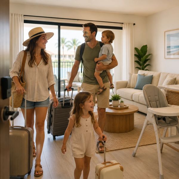 Family entering vacation rental with luggage, happy and ready to relax.