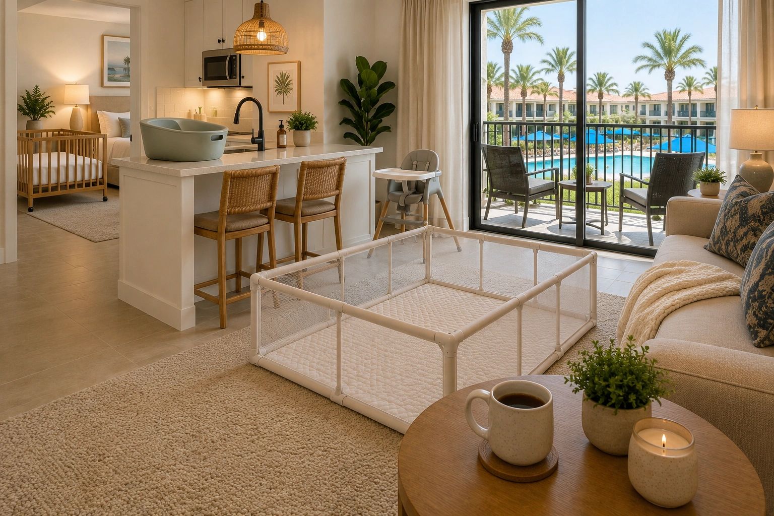 Cozy living space with baby playpen and outdoor pool view.