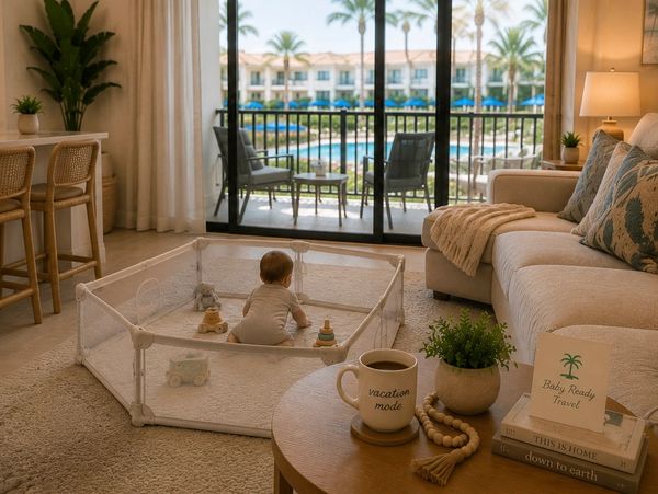A baby plays in a playpen inside a cozy living room with pool view.