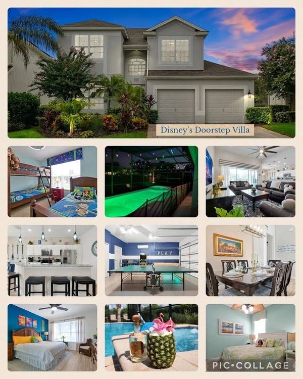 Collage of a Disney-themed villa with cozy interiors and outdoor pool.