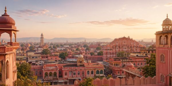 Sunset view of Jaipur city with its iconic pink architecture.