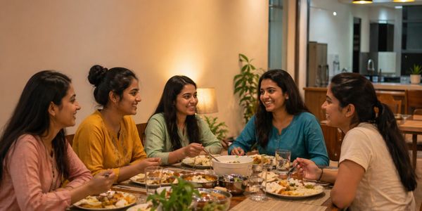 Five women enjoying a meal together at a cozy dining table.