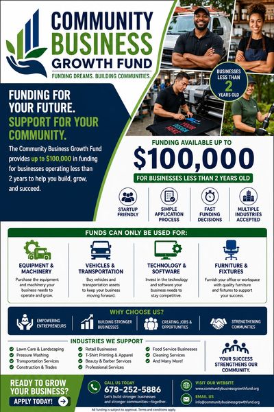 Community Business Growth Fund offers up to $100,000 for startups under 2 years to support growth.