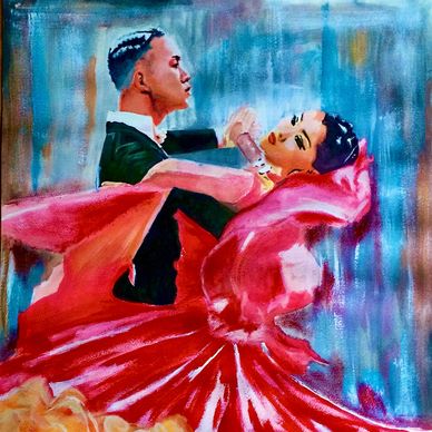 dancers Spanish colourful vibrant performing art painting dancing couple love embrace unique red
