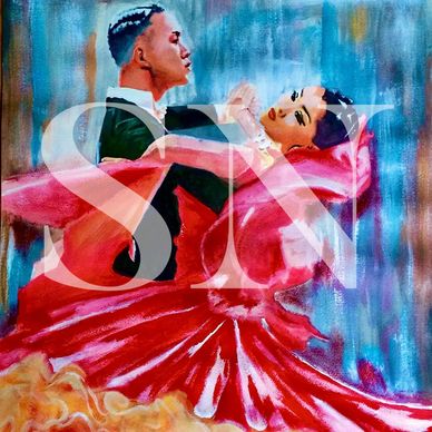 dancers Spanish colourful vibrant performing art painting dancing couple love embrace unique red