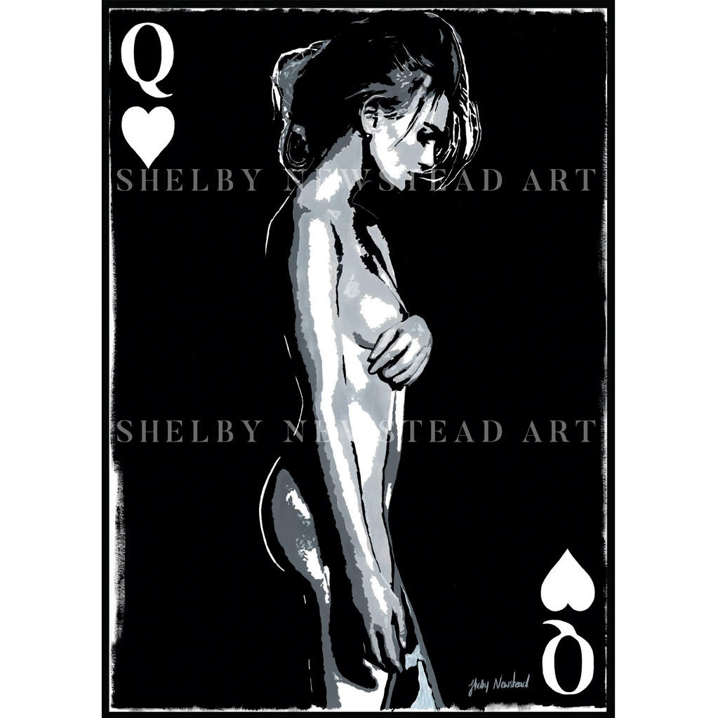 Naked woman on Queen of hearts playing card.