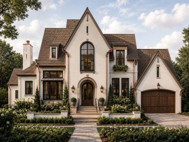 Luxury white brick home with steep gabled roof, arched entry, black-framed windows, and landscaped f