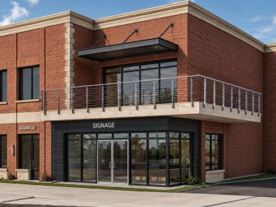 Two-story red brick commercial building with glass storefronts, a second-floor balcony, and covered 