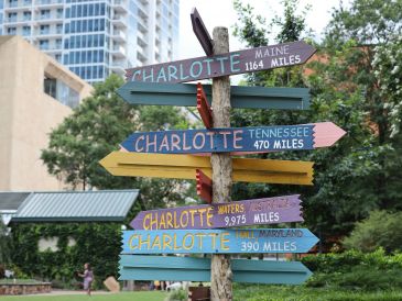 Colorful directional signpost in a Charlotte park pointing to Charlotte-named locations across the U