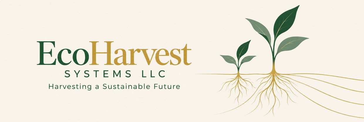 EcoHarvest Systems LLC logo with plant illustrations and a sustainability tagline.